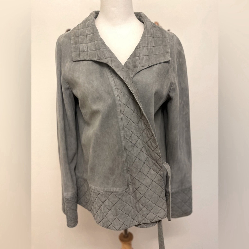 Valentino Vintage 1990’s Grey Lambskin Suede Quilted Trim Wrap Jacket | Size M
